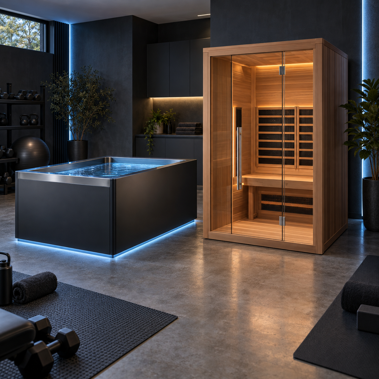 Premium cold plunge and infrared sauna in a home gym