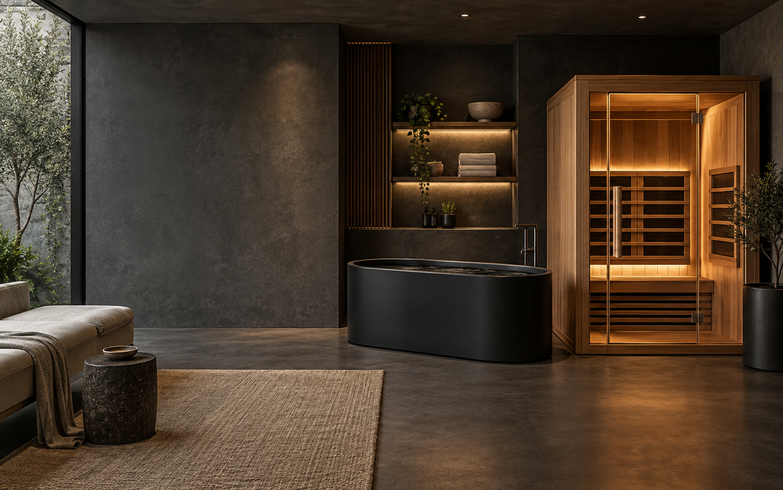 Modern home recovery room with a cold plunge and cedar sauna